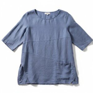 Chalet Et Ceci 100% Linen Top Pocket Blue Lagenlook Boho XS Oversize